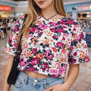 Vintage 90s BONGO Floral Crop Top Womens S Pink Rose Print Cottagecore‎